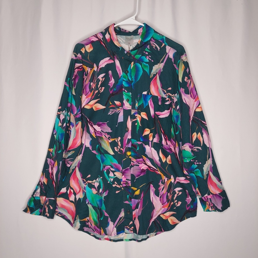 Calia Linen Button Shirt Womens Medium Tropical Floral Teal Pink Beachy Collar